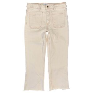 Zara High Waist Mini Flare Jeans Beige Cream Raw Hem 10 Preppy Boho Patch Pocket
